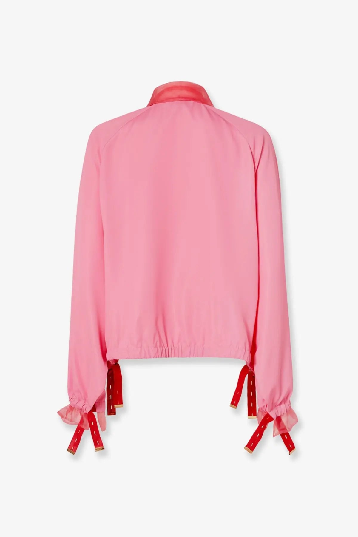 Fendi women’s technical viscose jacket azalea 26 vibrant pink long-sleeved with high collar and red ribbon cuff ties