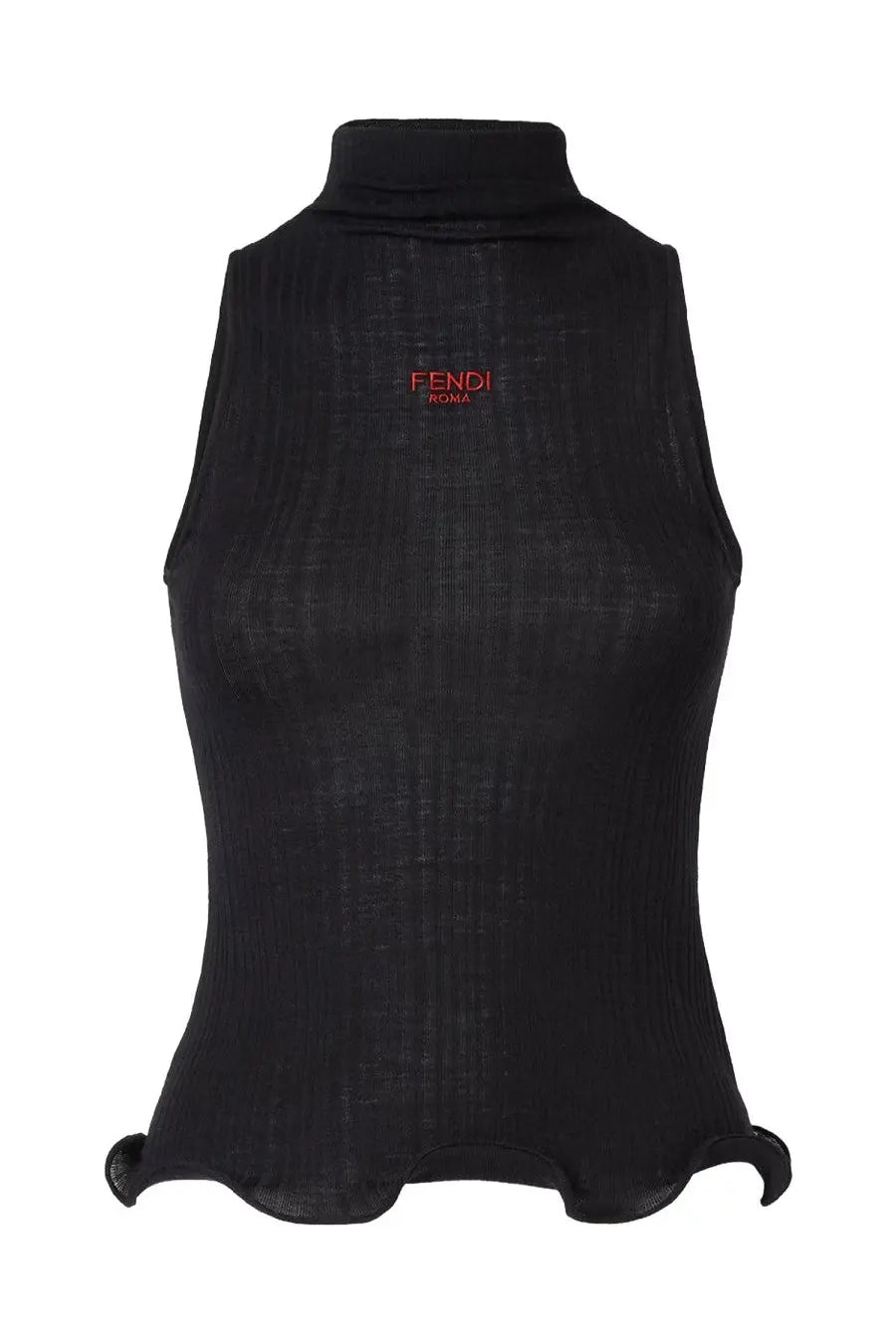 Back view of fendi women’s black sleeveless turtleneck top with red embroidered fendi roma logo