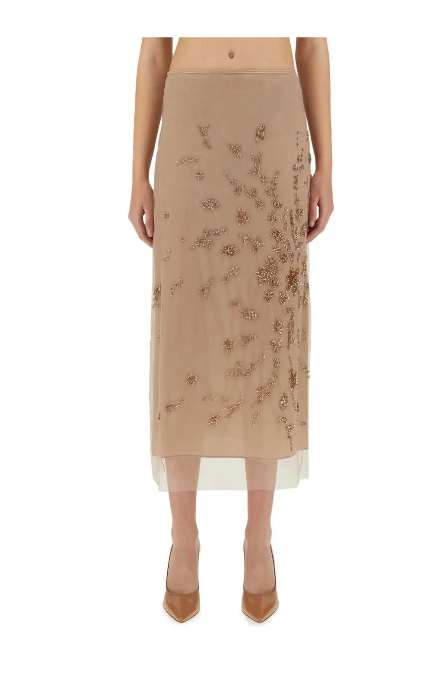 Fendi women’s tulle beige midi skirt with delicate gold beading and sheer overlay detailing