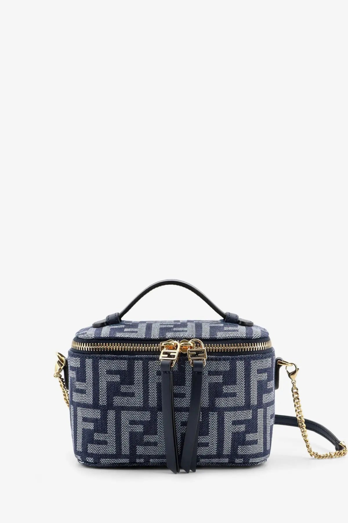 Navy blue canvas crossbody bag with gold-tone hardware and Fendi vanity denim effect ff jacquard minibag pattern