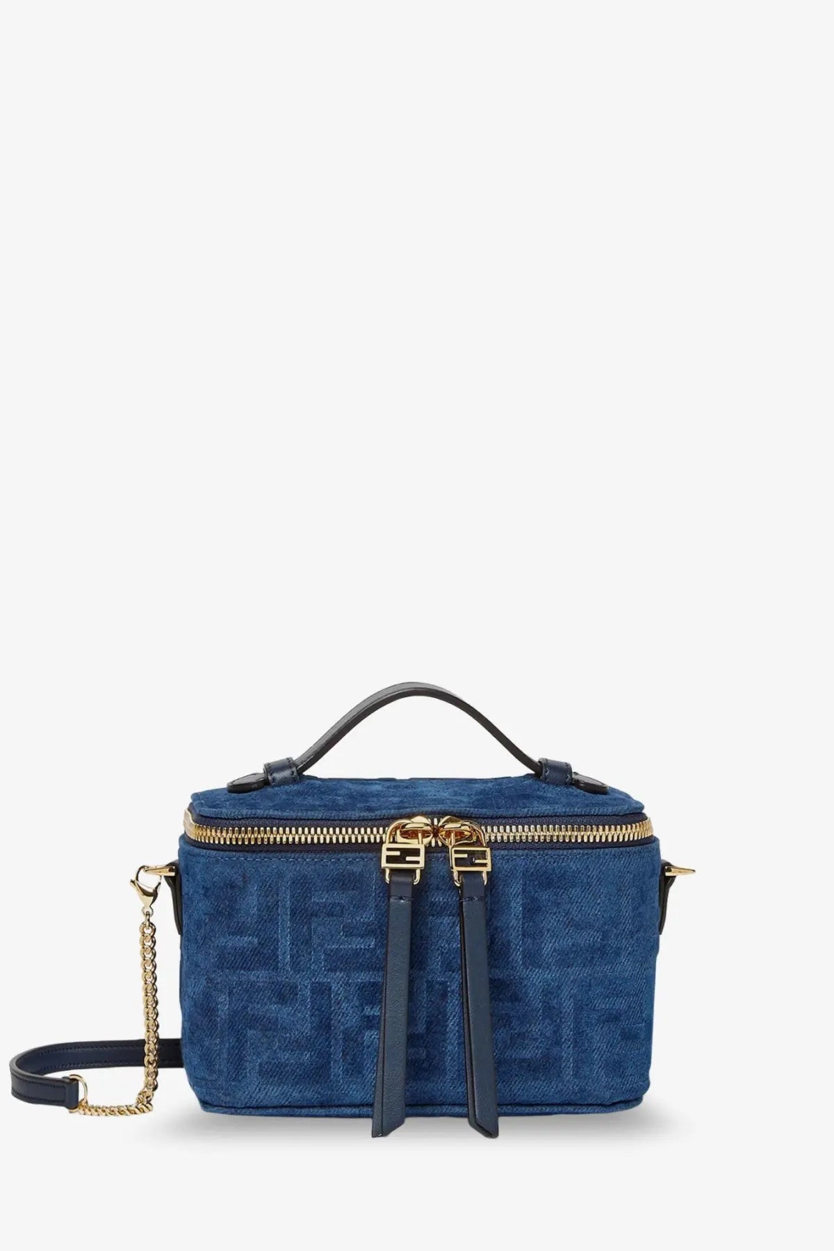 Fendi women’s vanity crossbody bag in grey fabric with blue suede, black leather accents, and gold-tone hardware