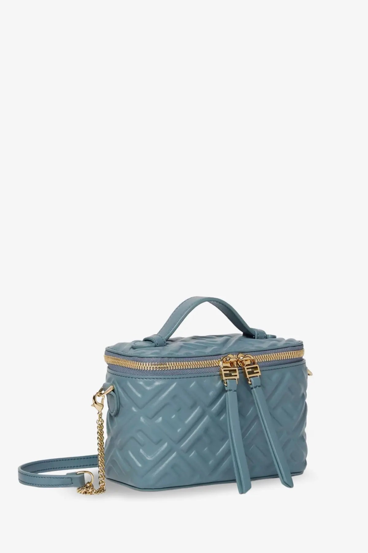 Light blue quilted Fendi leather crossbody bag with gold-tone hardware and chain strap for women