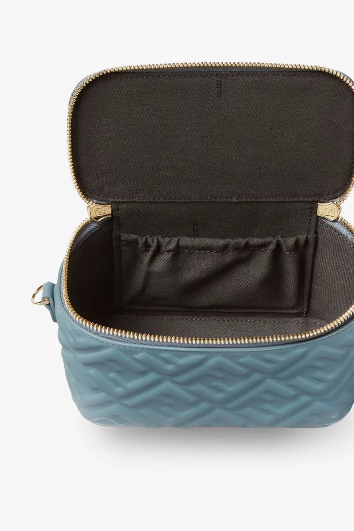 Light blue quilted cosmetic case with gold zipper and black interior for fendi womens vanity leather crossbody bag grey