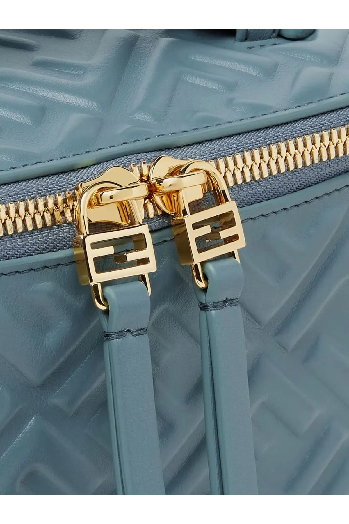 Light blue quilted leather crossbody bag with gold-tone fendi f-logo zipper pulls and hardware