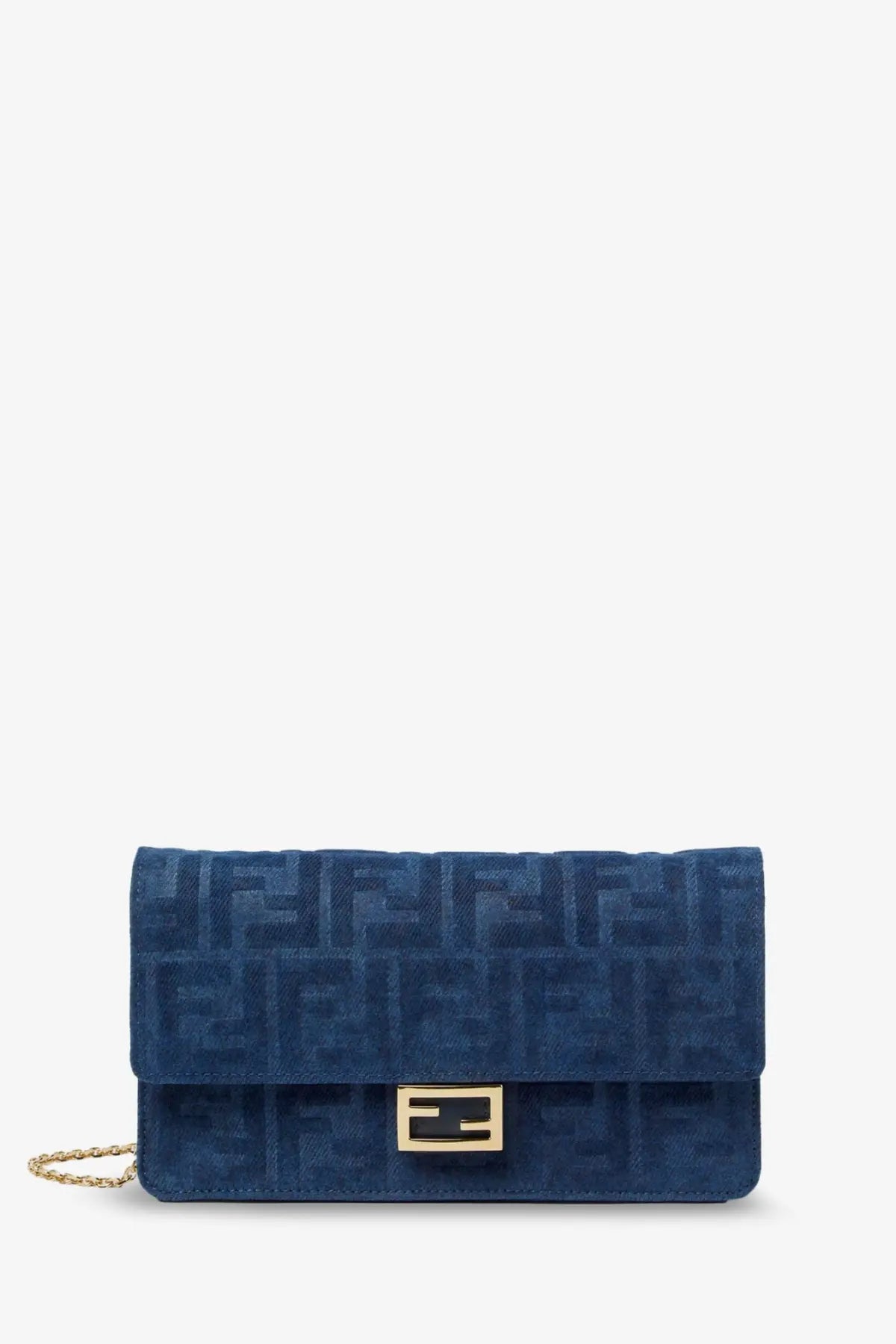 Deep blue suede fendi womens clutch with embossed ff logo and gold tone metal clasp in denim effect corduroy gray