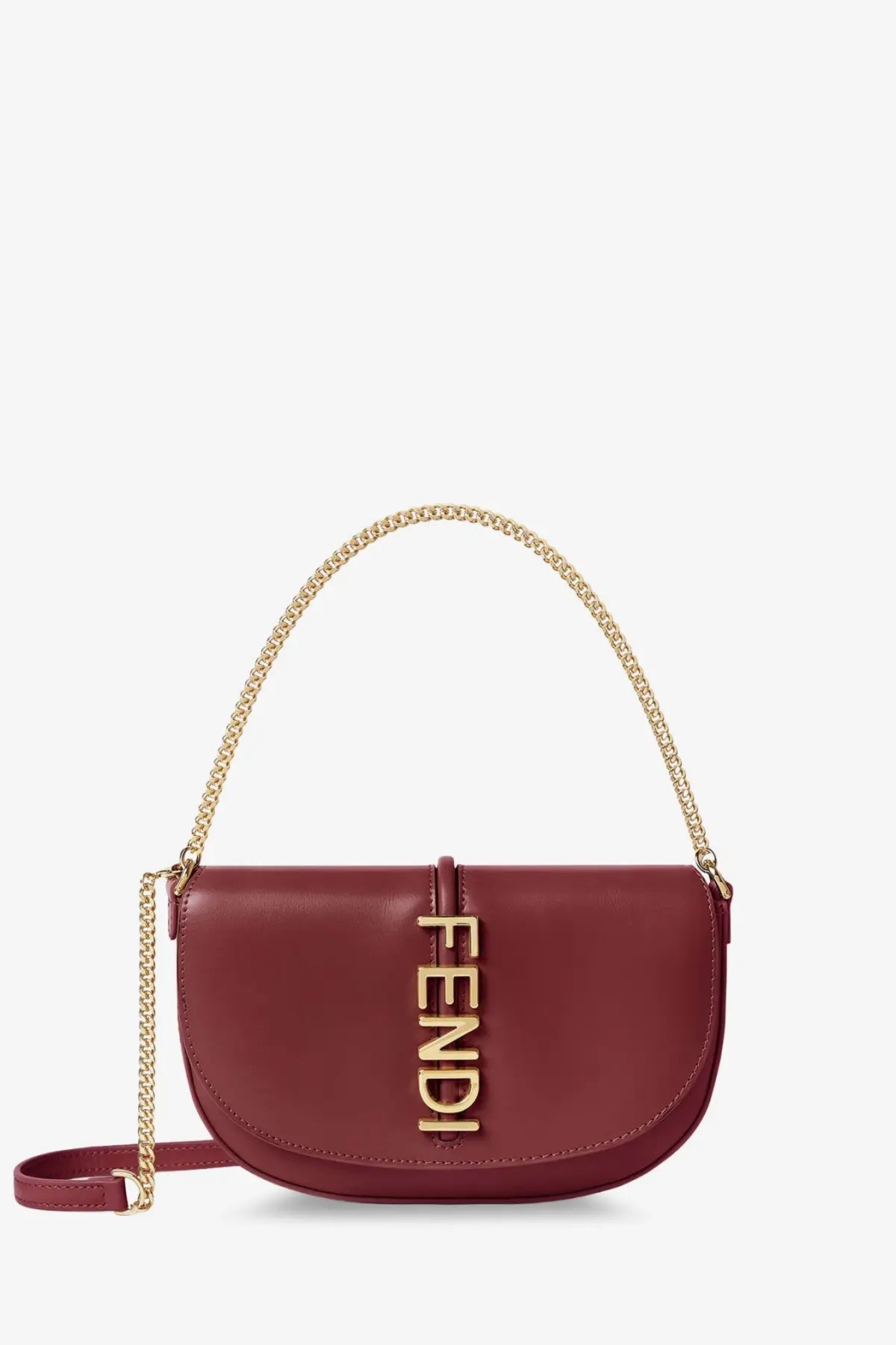 Burgundy fendi womens wallet on chain fendigraphy leather crossbody bag with gold tone chain strap and vertical logo hardware