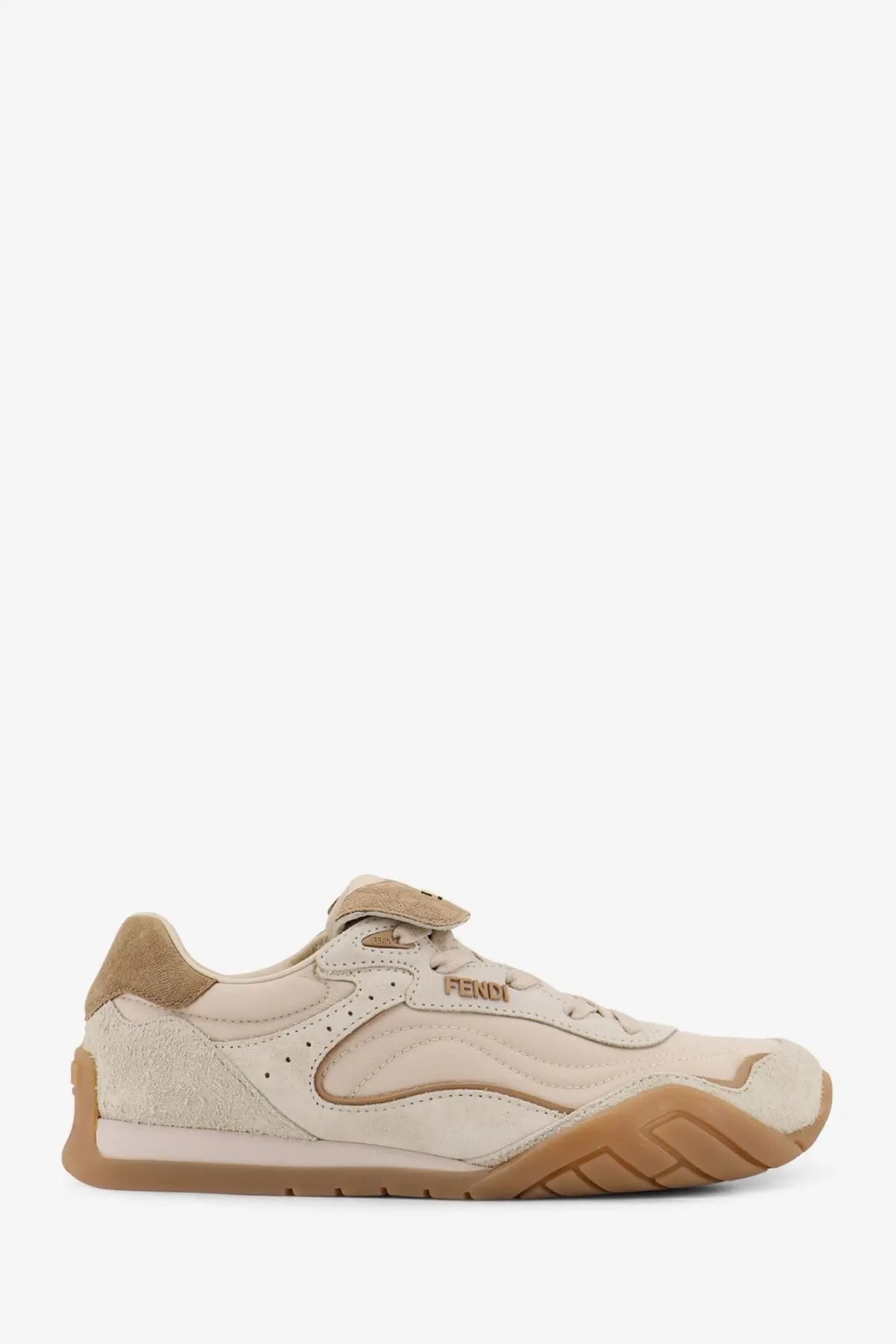 Fendi women’s Fendi Wave Pulse suede sneaker in beige with tan suede and textile upper and textured rubber sole