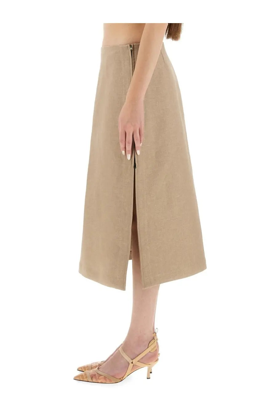 Fendi women’s beige waxed linen midi skirt with front zipper and split detail perfect for stylish wear