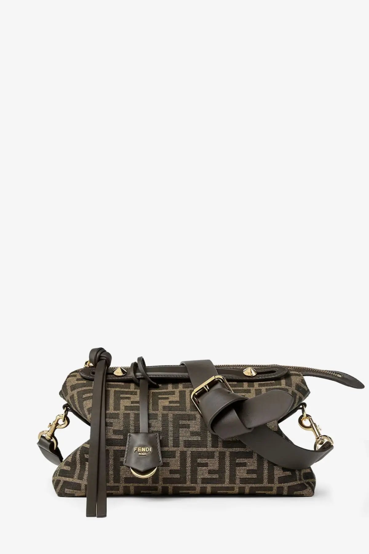 Fendi women’s by the way soft medium crossbody bag in brown ff monogram canvas with black leather straps and gold hardware
