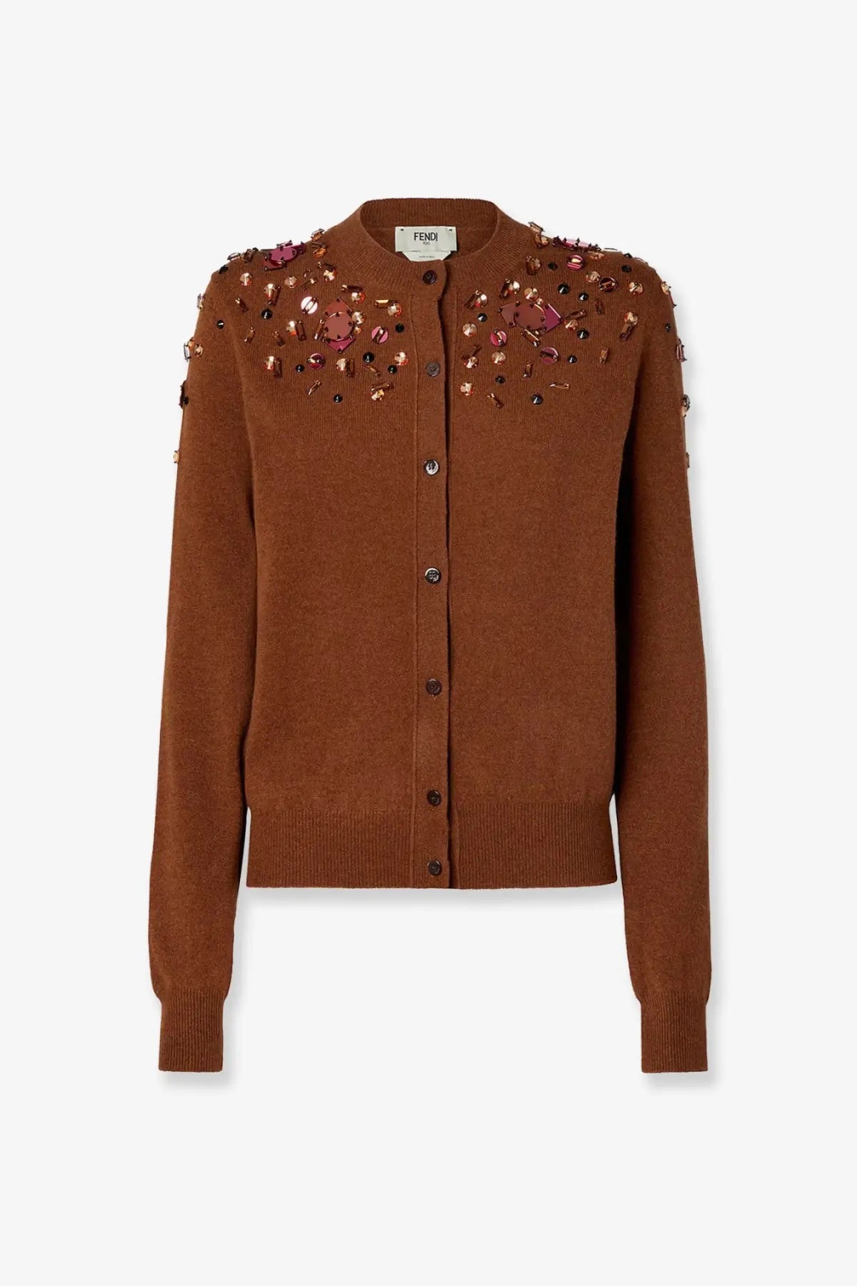 Fendi women’s brown wool and cashmere cardigan with sparkling pink and gold sequins on shoulders and front