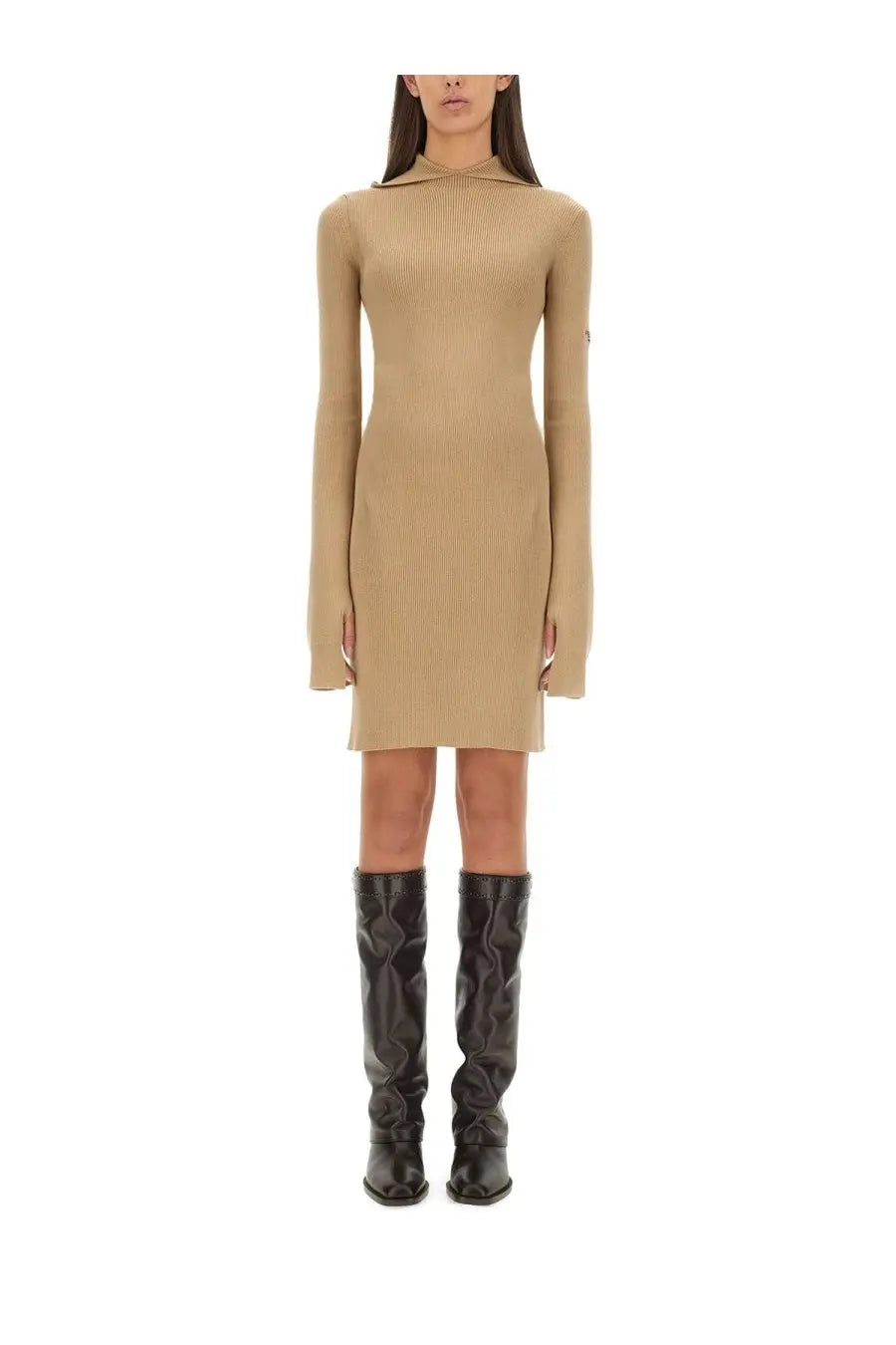 Beige ribbed knit wool and silk dress with high neckline and long sleeves by Fendi for women multicolor