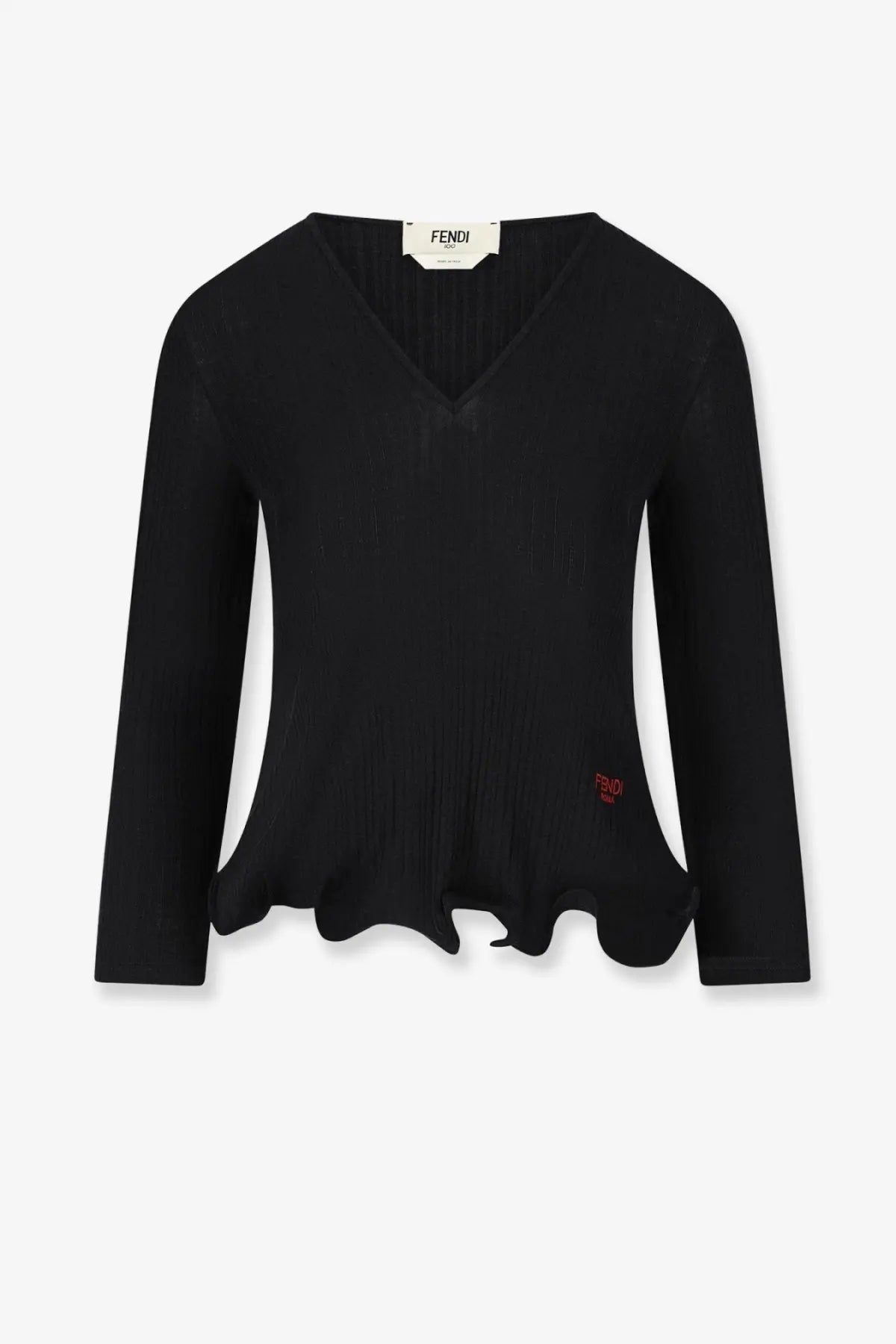Black fendi women’s wool sweater with ribbed knit fabric v-neck and ruffled hem in black color