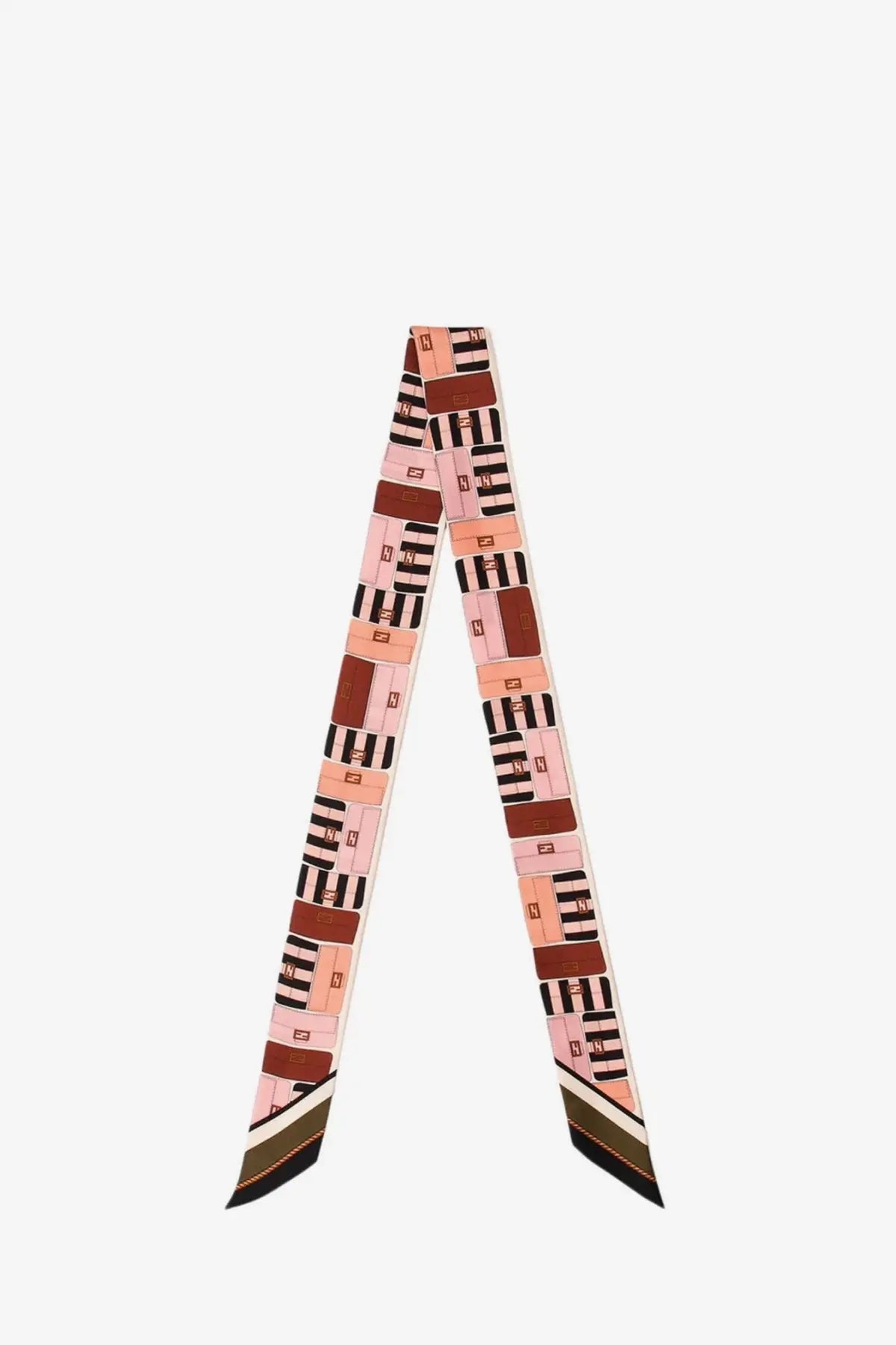Fendi women’s wrappy multicolor silk bandeau pink patterned with rectangular boxes and dark green white trim