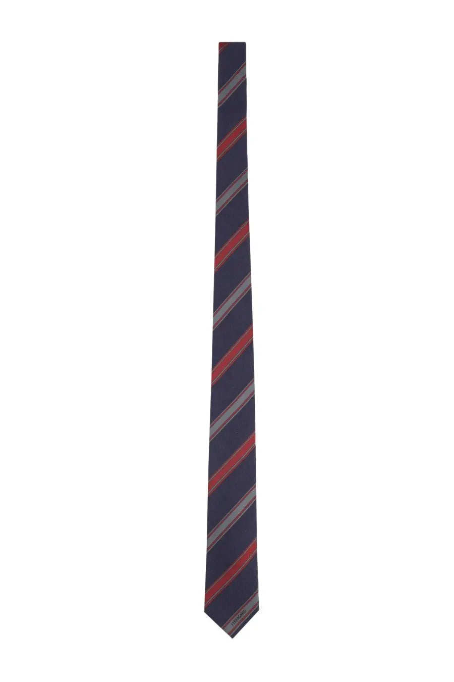 Ferragamo men’s cravatta in seta blue navy tie with red and gray diagonal stripes made of silk
