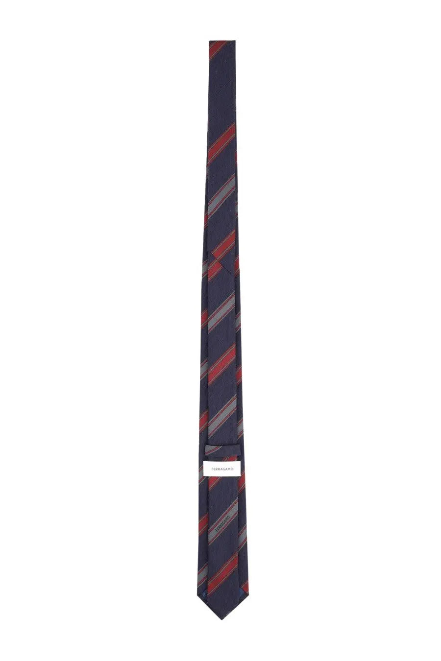 Ferragamo men’s cravatta in seta blue navy tie with red and gray diagonal stripes and subtle woven texture