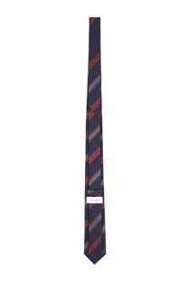 Ferragamo men’s cravatta in seta blue navy tie with red and gray diagonal stripes and subtle woven texture