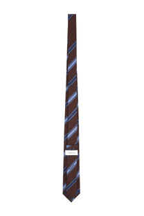 Ferragamo men’s cravatta in seta brown silk tie with blue and gray diagonal stripes and subtle woven texture