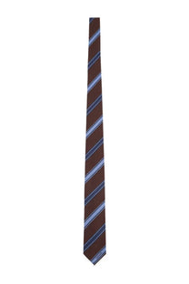 Ferragamo men’s cravatta in seta brown silk tie with navy blue and light gray diagonal stripes