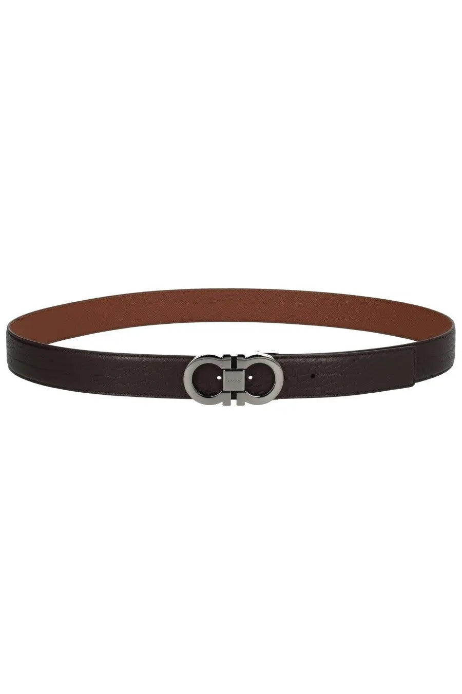 Ferragamo men’s leather belt in dark brown with a silver-toned double g buckle for stylish wear