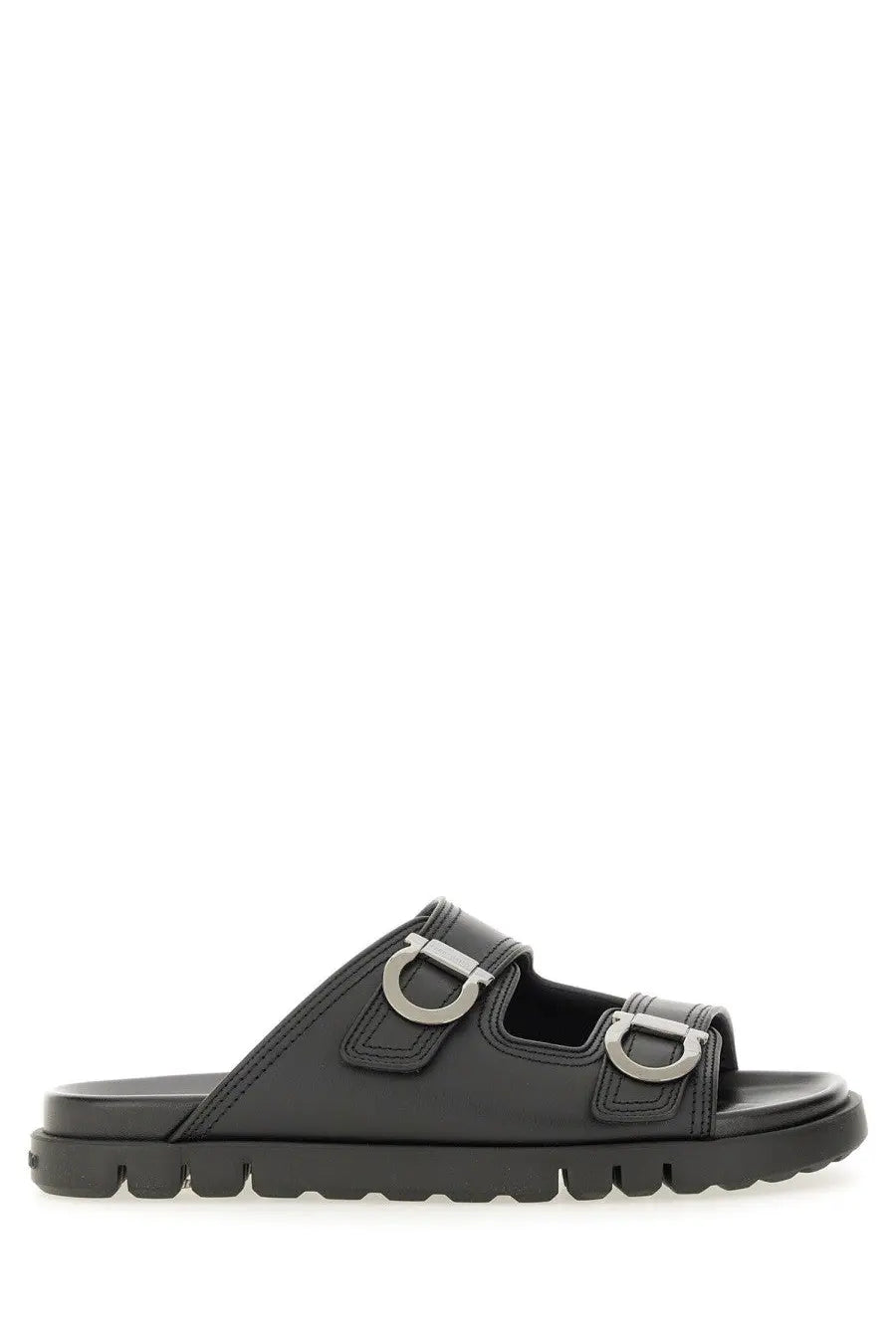 Ferragamo men’s black leather slide sandal with double silver buckle straps and textured rubber sole front view