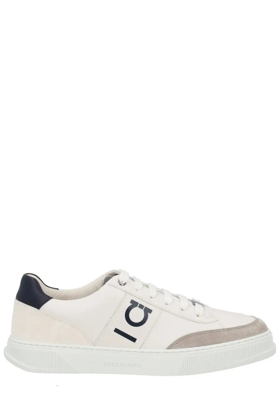 Ferragamo men’s gancini sneaker black white leather low-top with navy blue beige accents and bold black logo on side