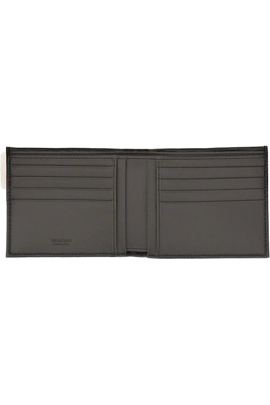 Ferragamo men’s gancini wallet black made of dark gray leather with multiple card slots and minimalist design