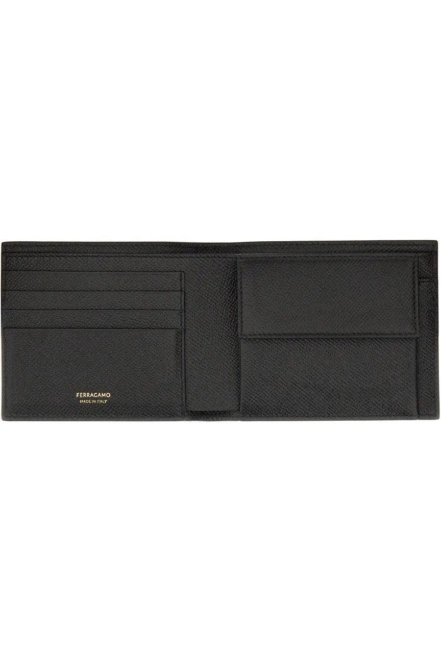 Ferragamo men’s gancini wallet black leather bi-fold with textured surface and gold-tone ferragamo made in Italy branding