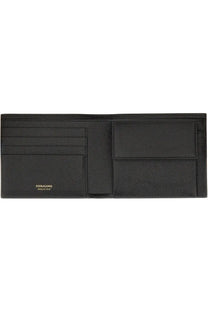 Ferragamo men’s gancini wallet black leather bi-fold with textured surface and gold-tone ferragamo made in Italy branding