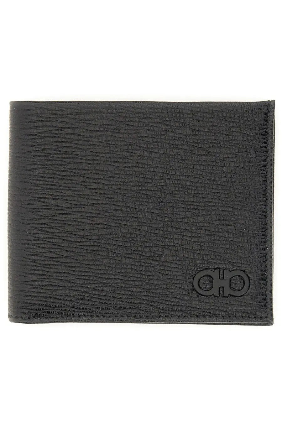 Black textured leather Ferragamo men’s Gancini wallet with embossed logo for stylish everyday use