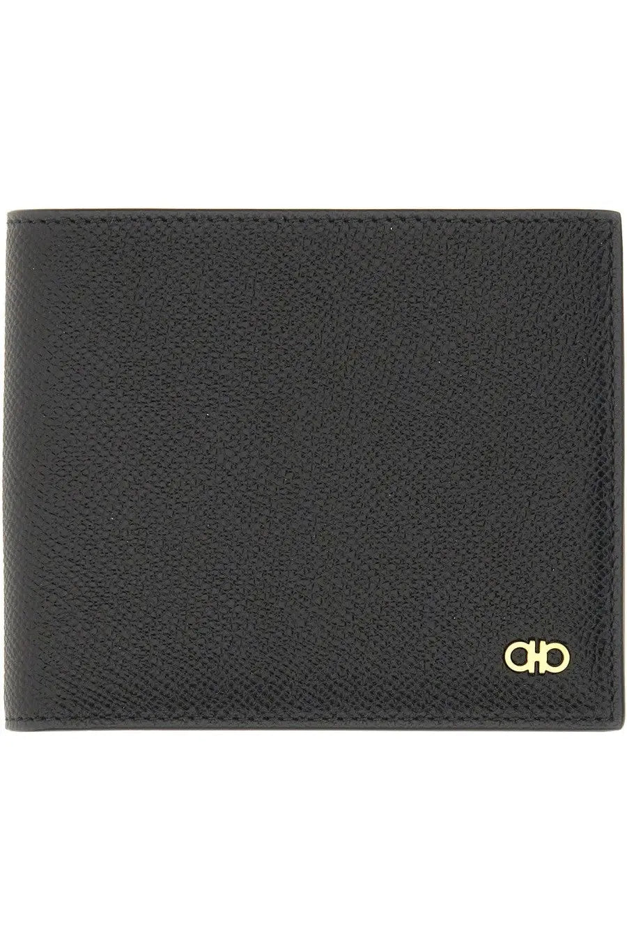 Ferragamo men’s gancini black wallet made of textured leather with a gold-tone logo emblem on the lower right corner