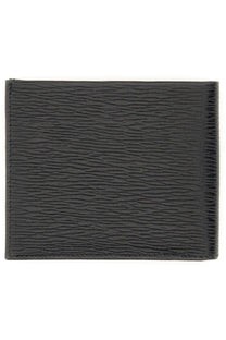 Ferragamo men’s Gancini wallet black with subtle wavy grain texture and precise edge stitching