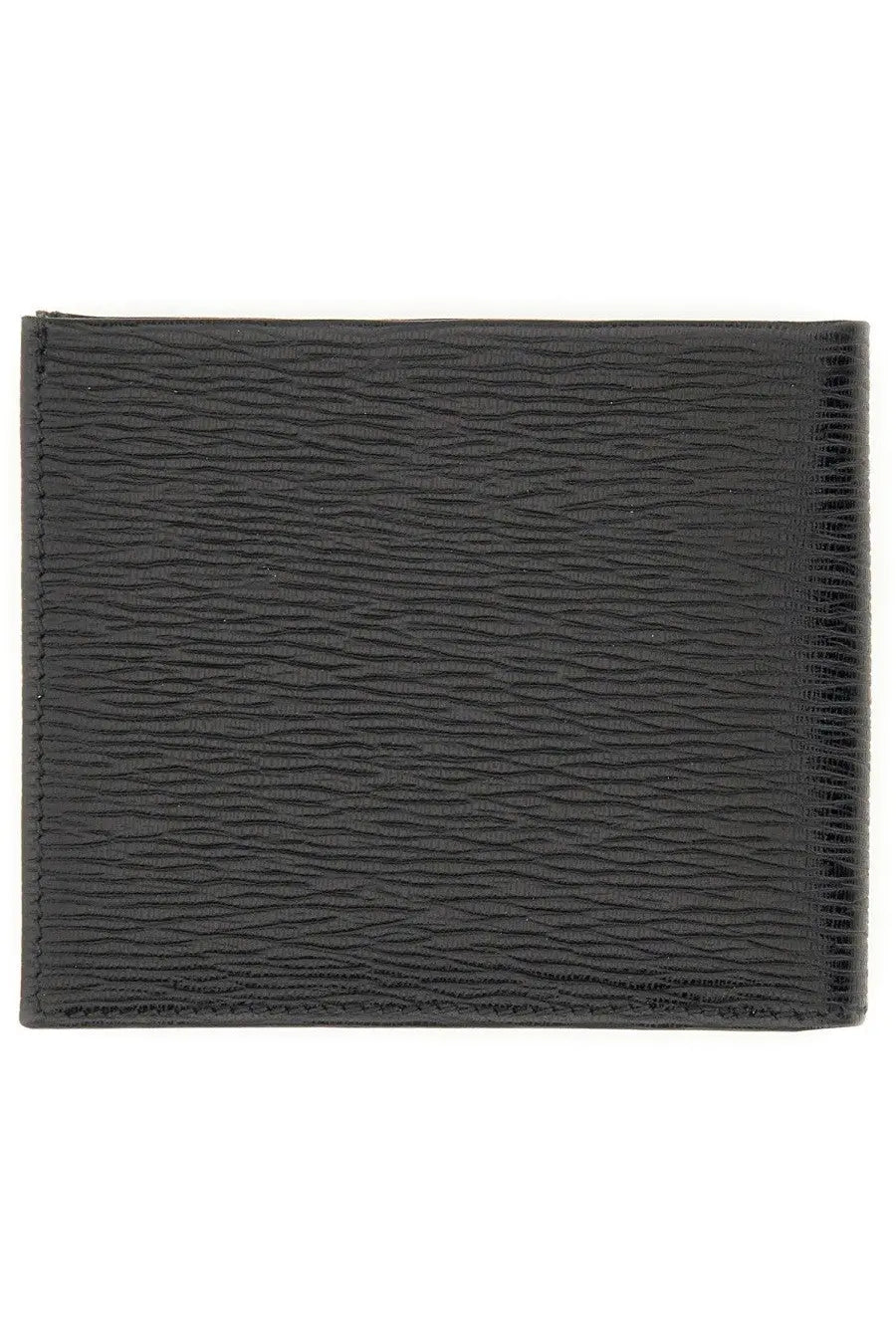 Ferragamo men’s gancini wallet black with textured leather wavy grain pattern and precise edge stitching