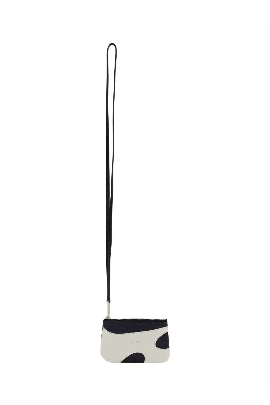 Ferragamo men’s leather card holder in black with a minimalist white and black cow-print coin pouch and long black strap