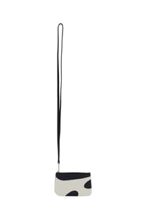 Ferragamo men’s leather card holder in black with a minimalist white and black cow-print coin pouch and long black strap