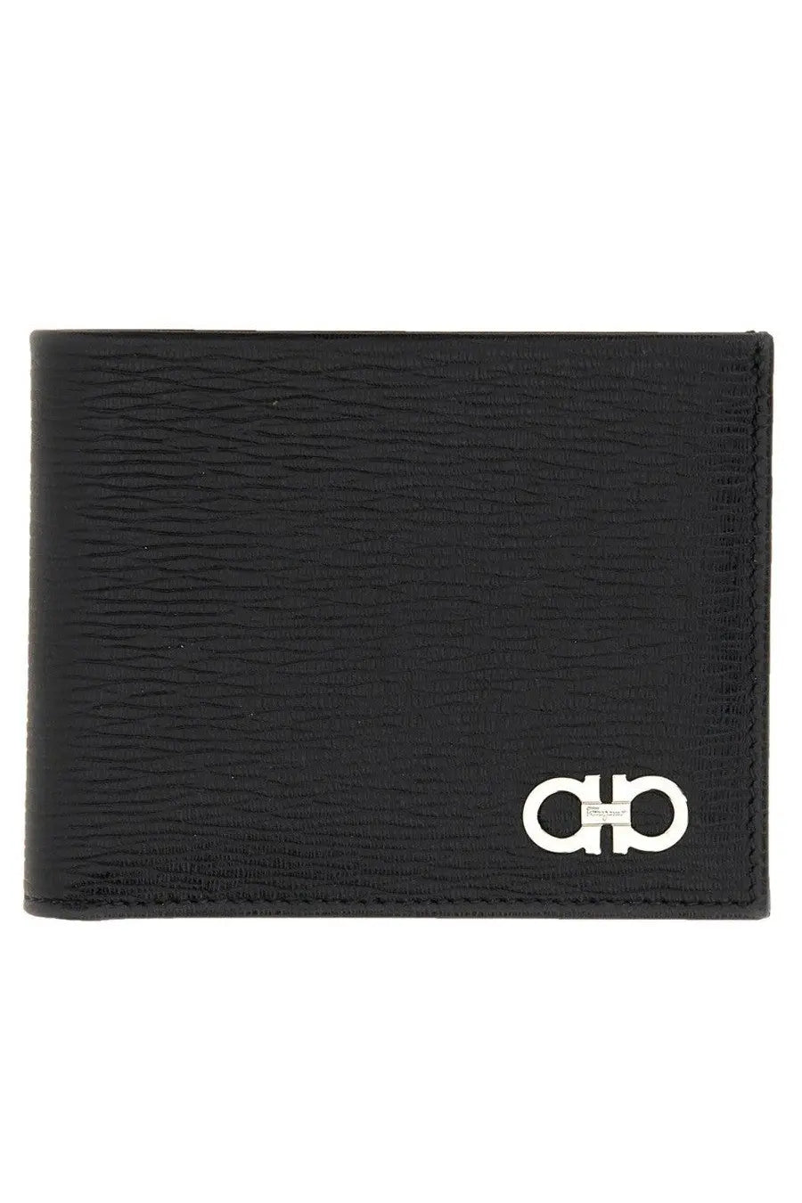 Ferragamo men’s black leather wallet with textured surface and silver-toned logo emblem on lower right corner