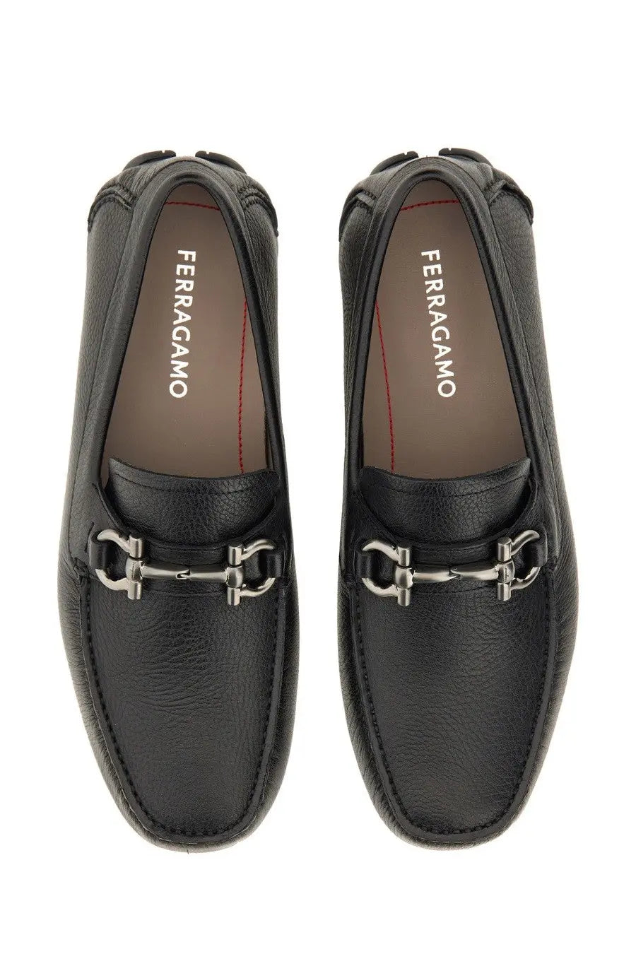 Ferragamo men’s moccasin gancini black leather loafers with silver horsebit detailing on the front