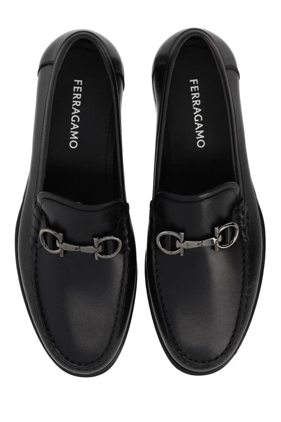 Ferragamo men’s moccasin gancini black leather loafers with silver horsebit buckle and ferragamo logo on insole