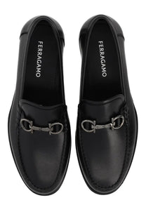 Ferragamo men’s moccasin gancini black leather loafers with silver horsebit buckle and ferragamo logo on insole