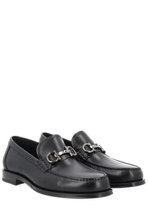 Ferragamo men’s moccasin gancini black leather loafers with silver horsebit buckle front view