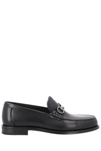 Ferragamo men’s moccasin gancini black leather loafers with silver-toned horsebit buckle front view