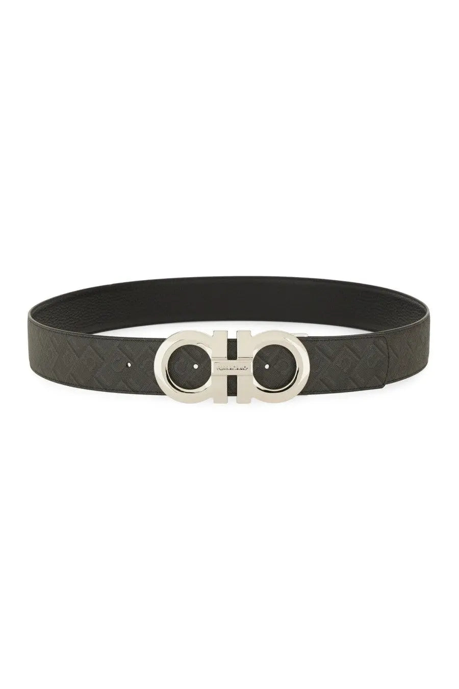 Ferragamo men’s reversible hooks belt black leather with embossed woven texture and silver-toned double g buckle