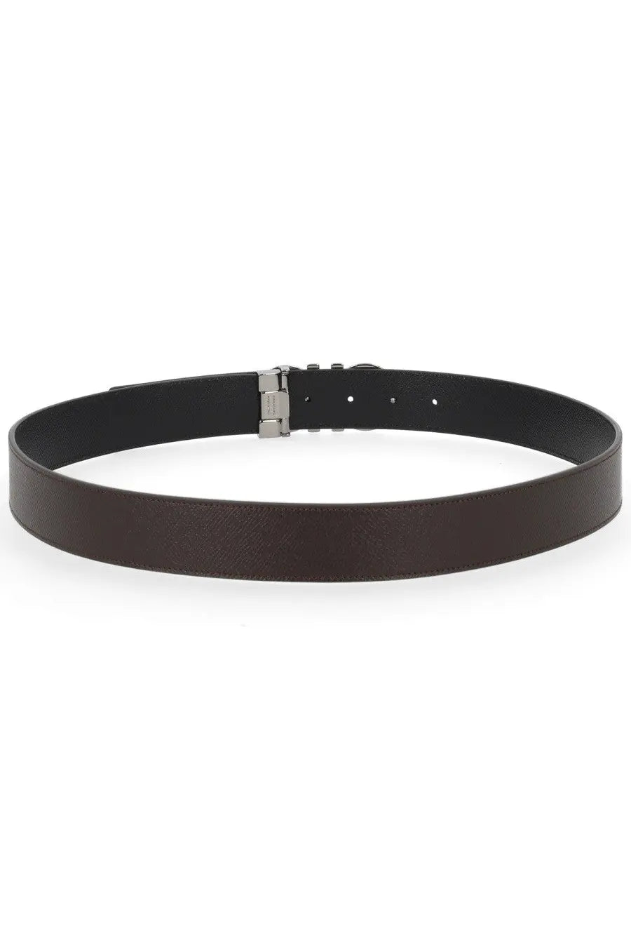 Black leather Ferragamo men’s reversible hooks belt with a silver-toned buckle and brown accents