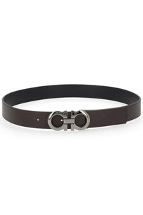 Ferragamo men’s reversible leather belt in dark brown with polished silver-toned double G logo buckle