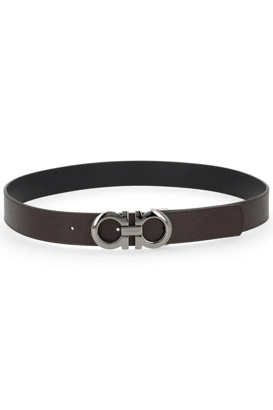 Ferragamo men’s reversible hooks belt brown dark brown leather with polished silver-toned double g logo buckle