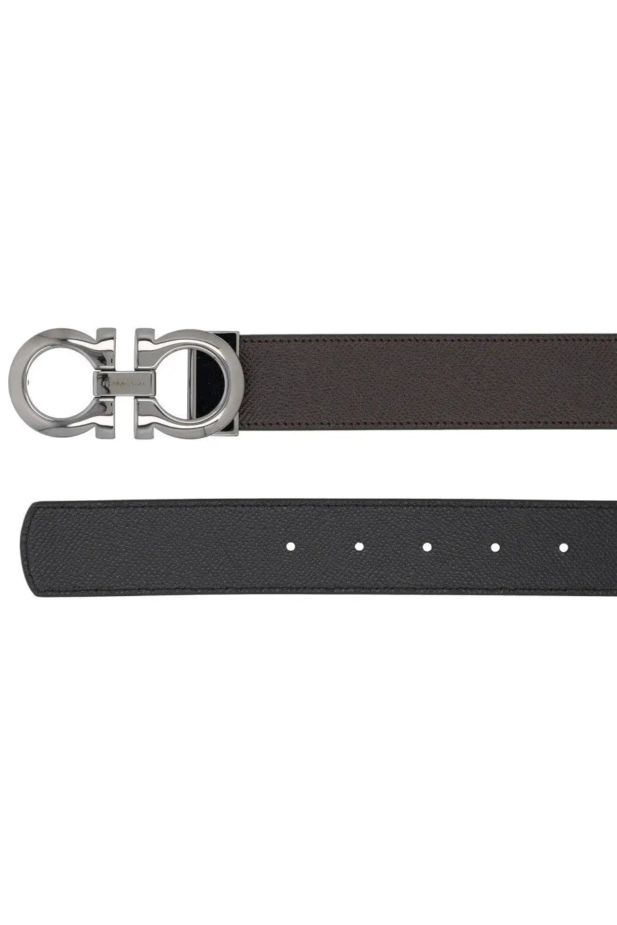 Ferragamo men’s reversible hooks belt in dark brown leather with silver double-g logo metal buckle