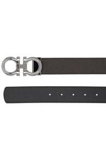 Ferragamo men’s reversible hooks belt in dark brown leather with silver double-g logo metal buckle