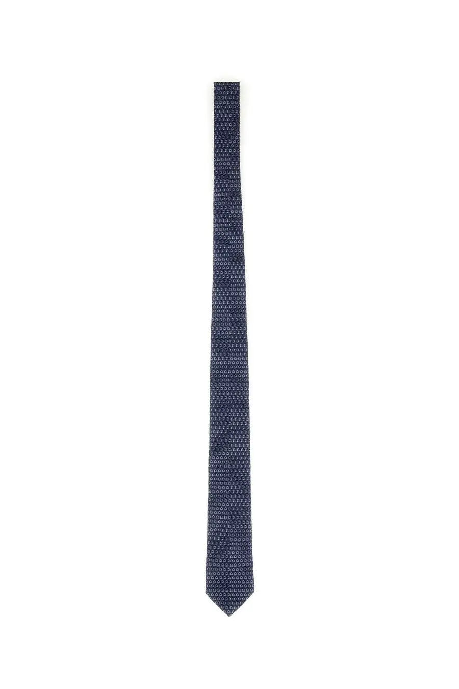 Ferragamo men’s silk tie navy blue with a subtle repeating geometric pattern for formal wear