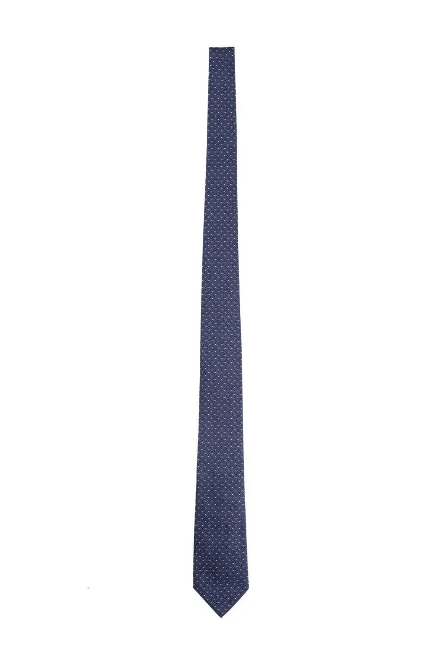 Ferragamo men’s silk tie in navy blue with a subtle pattern of small white dots for formal wear