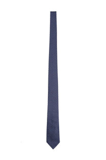 Ferragamo men’s silk tie in navy blue with a subtle pattern of small white dots