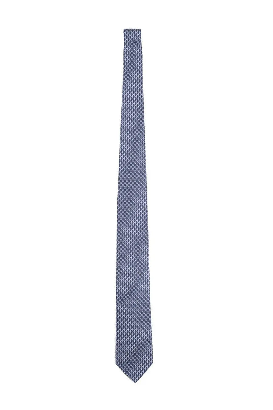 Ferragamo men’s silk tie in solid blue with a subtle geometric pattern crafted from sleek silk material